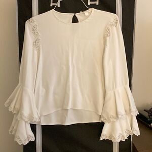 Jonathan Simkhai Blouse with Long Bell Sleeve, Ruffle and Lace detail. Size XS